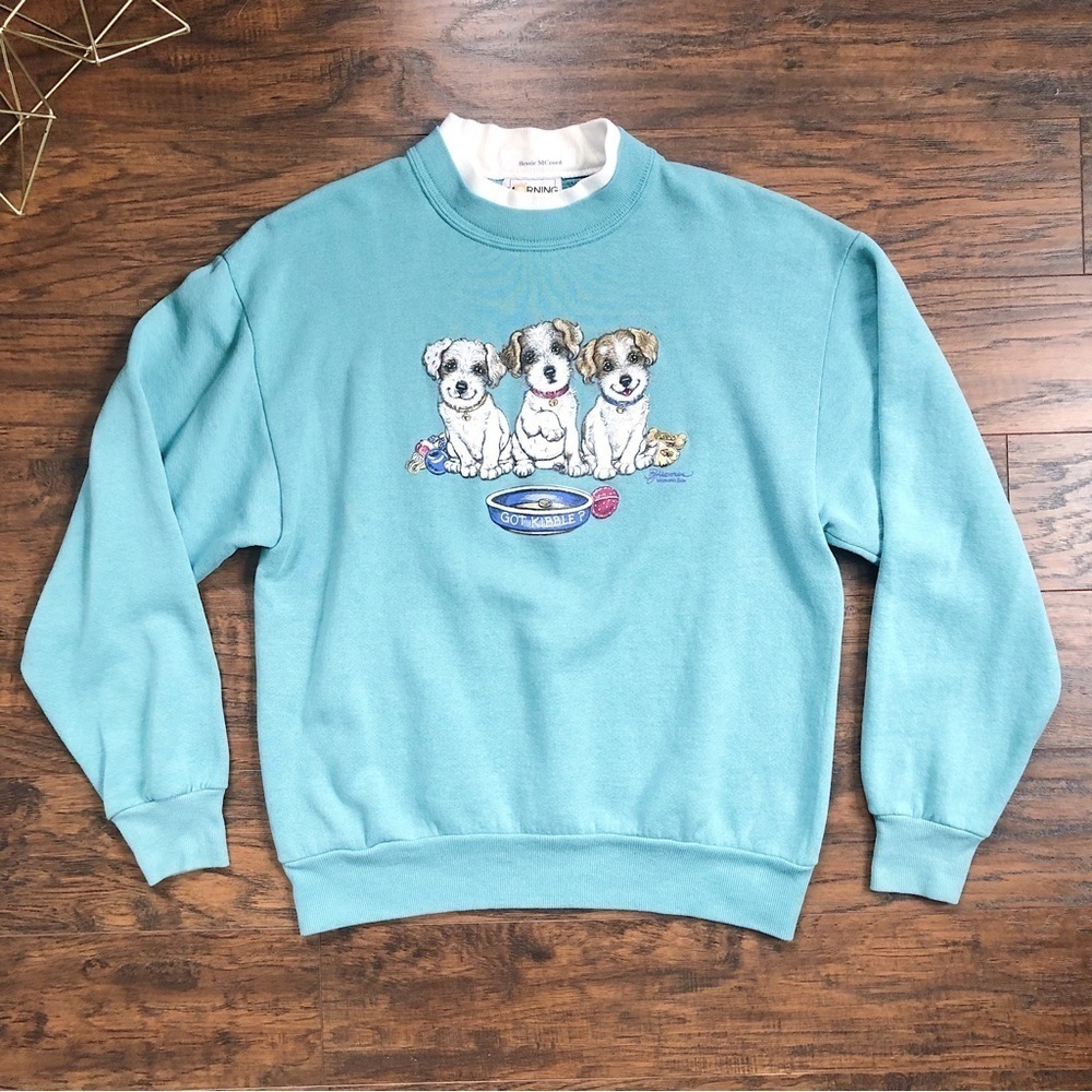 vintage • grandma sweatshirt aqua cotton collared puppies pullover grandmacore